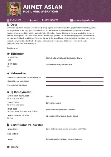 Vinç Operatörü Cv Örnekleri cv indir